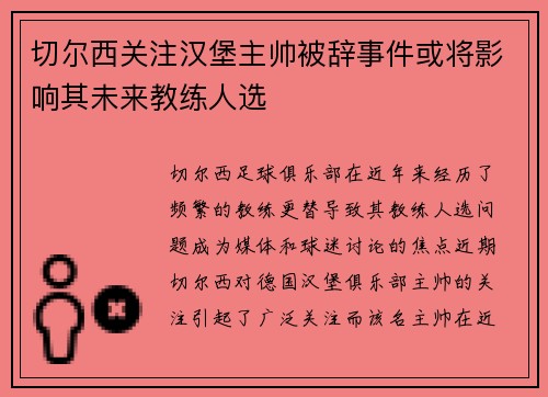 切尔西关注汉堡主帅被辞事件或将影响其未来教练人选