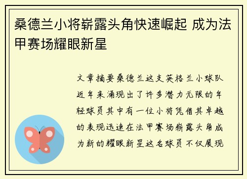 桑德兰小将崭露头角快速崛起 成为法甲赛场耀眼新星